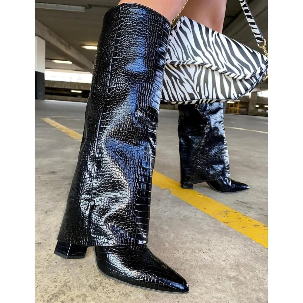 Women Crocodile-black Leather Fold Over Knee High Chunky High Heels Long Boot